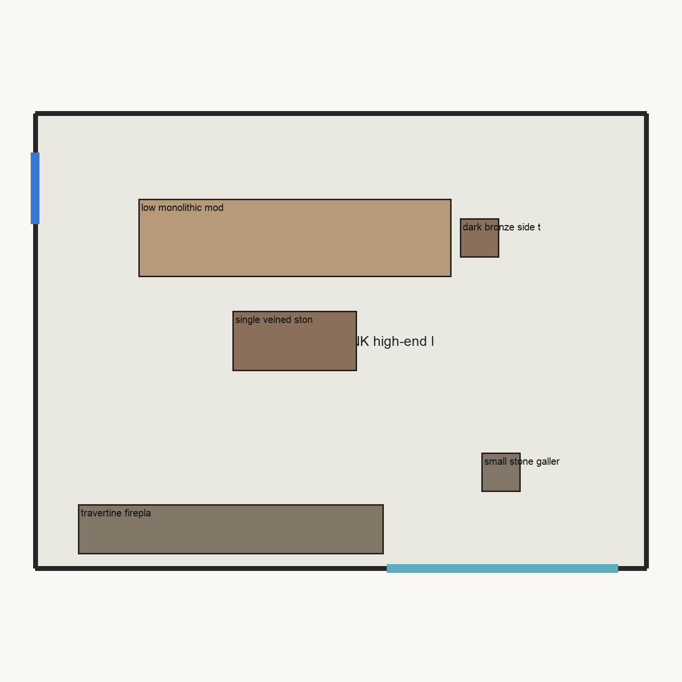 Measured floor plan with materials assigned, drawn to scale
