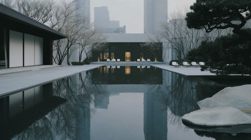 Brand campaign image — minimalist architecture and reflecting pool